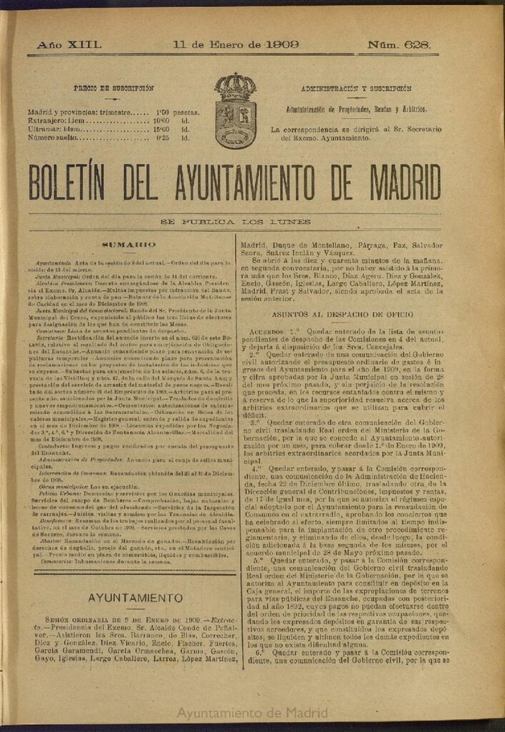 Miniatura de Boletín Oficial del Ayuntamiento de Madrid del 11 de enero de 1909, nº 628