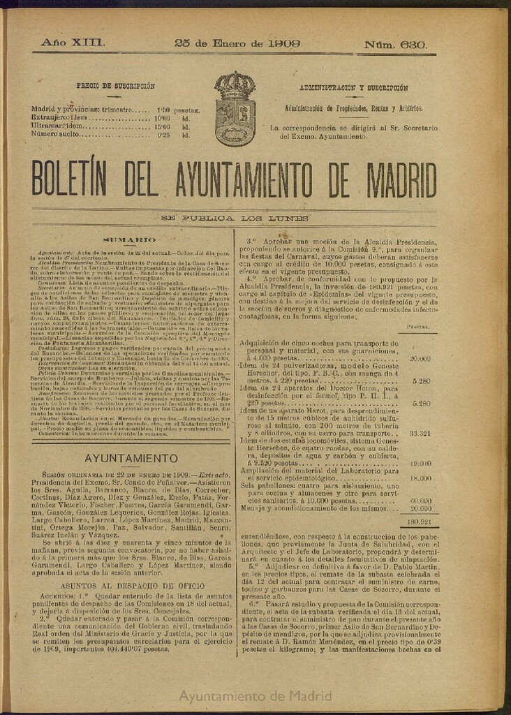 Miniatura de Boletín Oficial del Ayuntamiento de Madrid del 25 de enero de 1909, nº 630