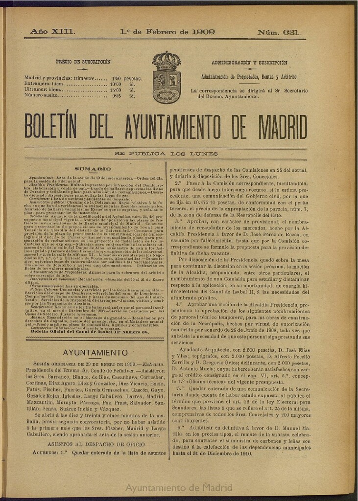Miniatura de Boletín Oficial del Ayuntamiento de Madrid del 1 de febrero de 1909, nº 631