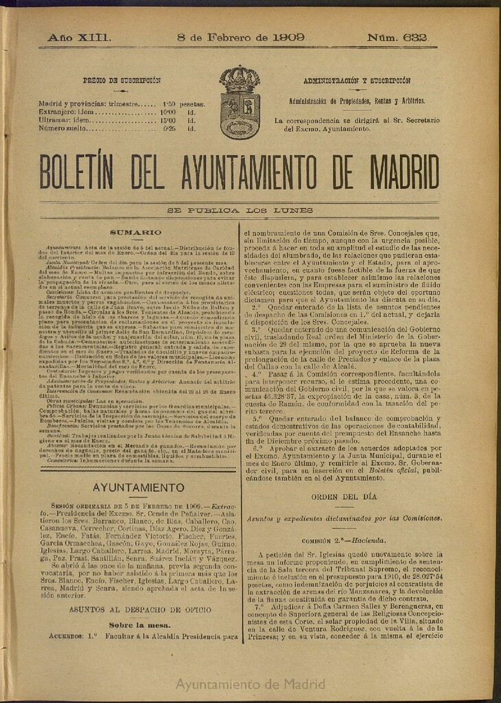 Miniatura de Boletín Oficial del Ayuntamiento de Madrid del 8 de febrero de 1909, nº 632