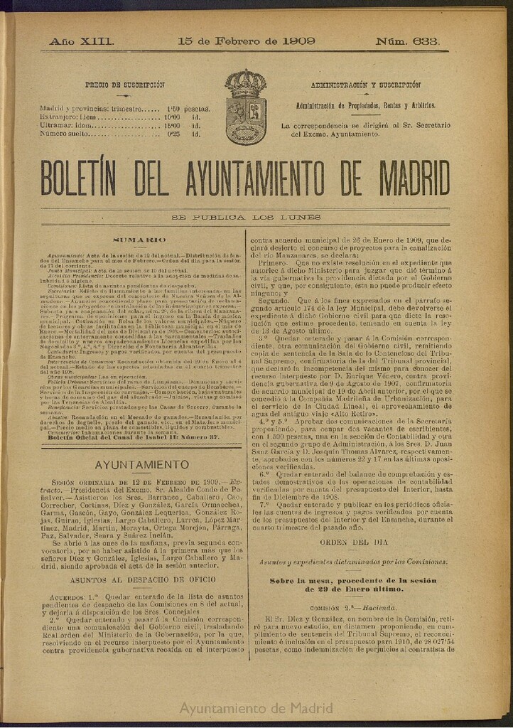 Miniatura de Boletín Oficial del Ayuntamiento de Madrid del 15 de febrero de 1909, nº 633