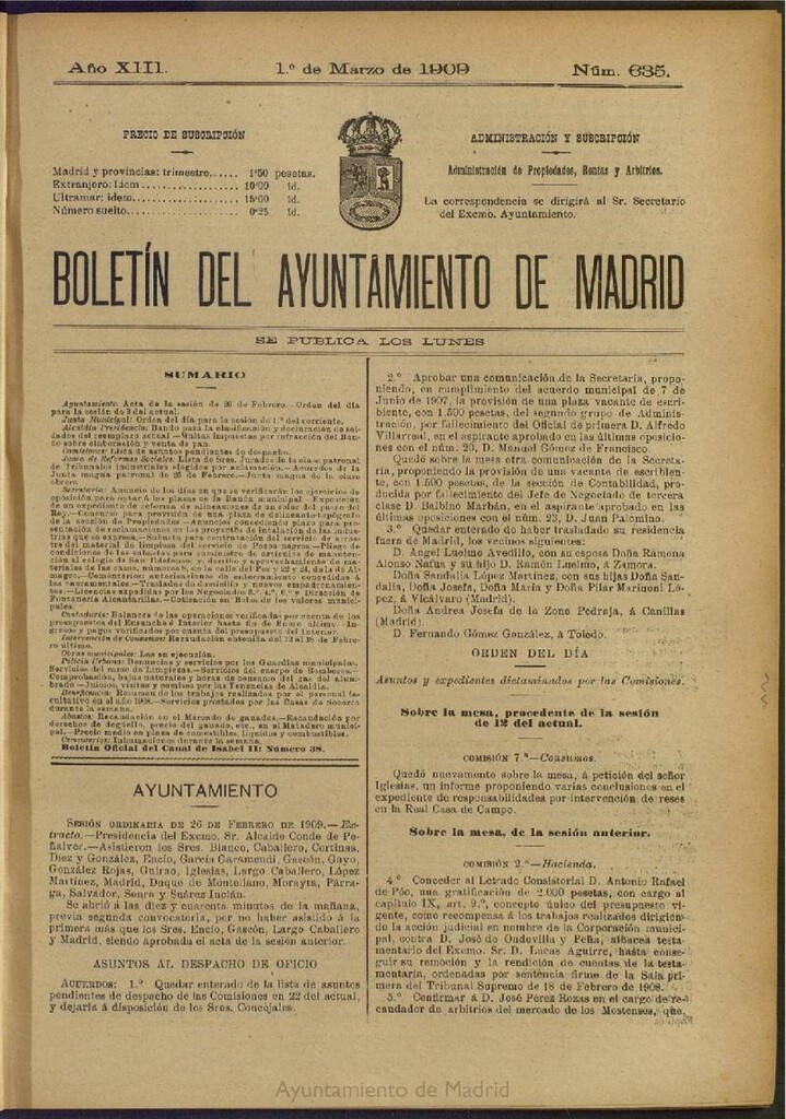 Miniatura de Boletín Oficial del Ayuntamiento de Madrid del 1 de marzo de 1909, nº 635