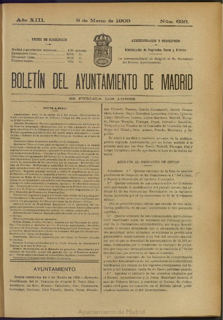 Miniatura de Boletín Oficial del Ayuntamiento de Madrid del 8 de marzo de 1909, nº 636