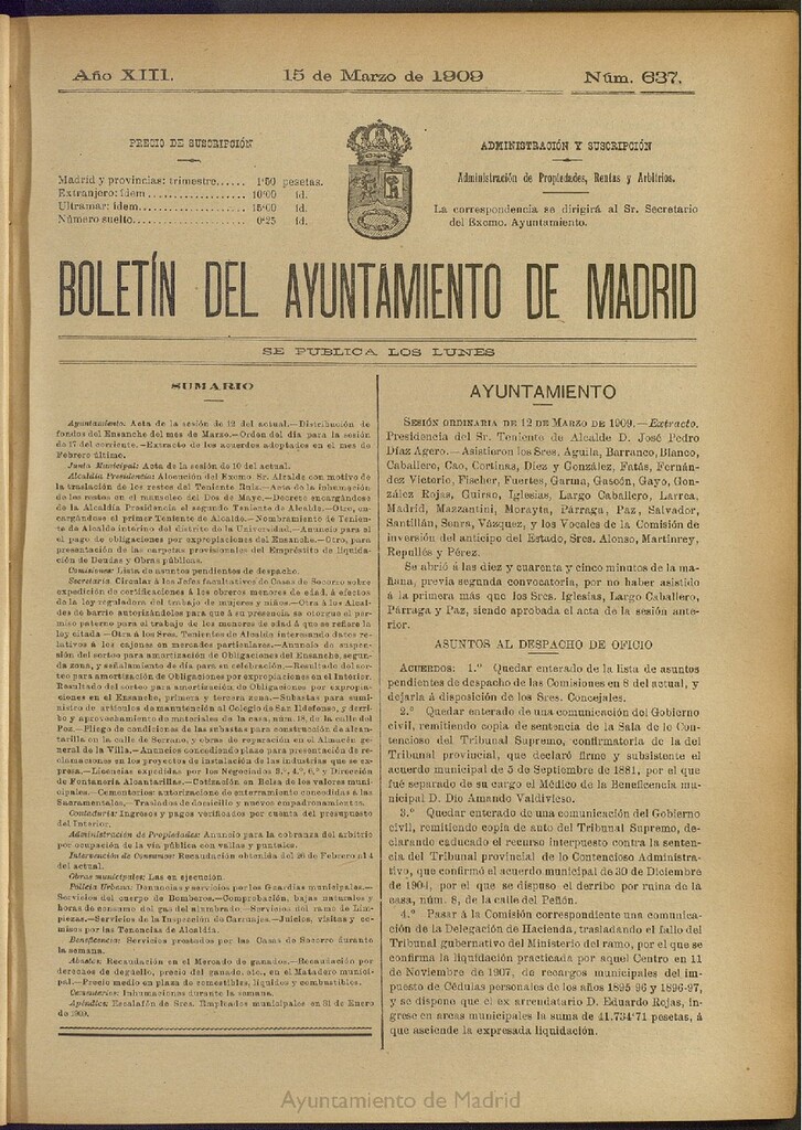 Miniatura de Boletín Oficial del Ayuntamiento de Madrid del 15 de marzo de 1909, nº 637
