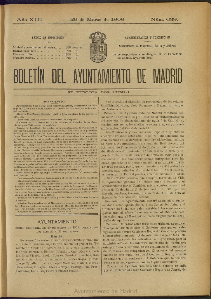Miniatura de Boletín Oficial del Ayuntamiento de Madrid del 29 de marzo de 1909, nº 639