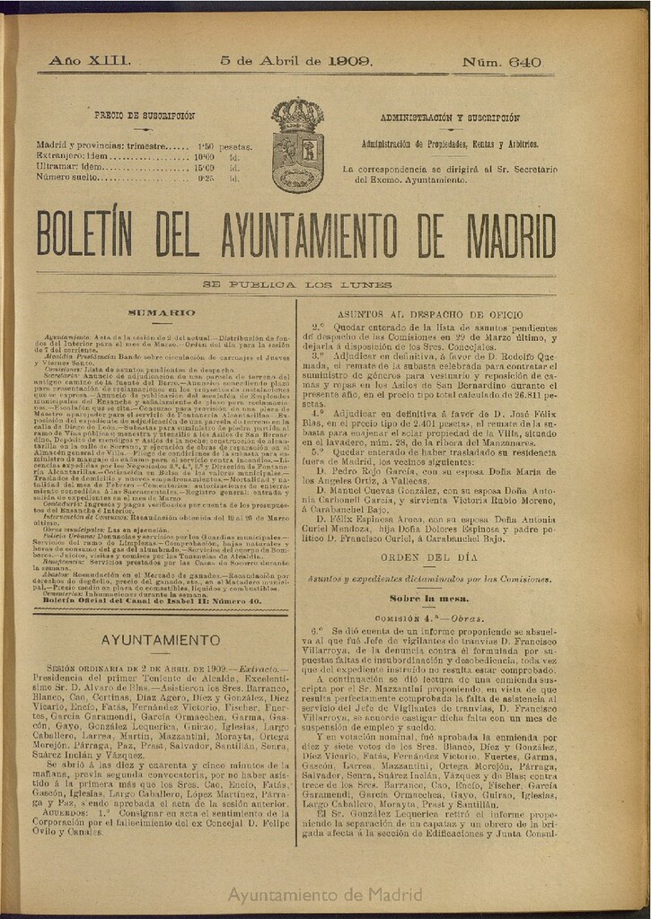 Miniatura de Boletín Oficial del Ayuntamiento de Madrid del 5 de abril de 1909, nº 640