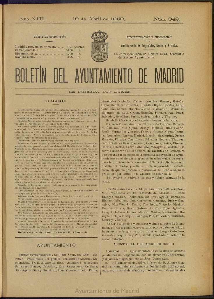 Miniatura de Boletín Oficial del Ayuntamiento de Madrid del 19 de abril de 1909, nº 642