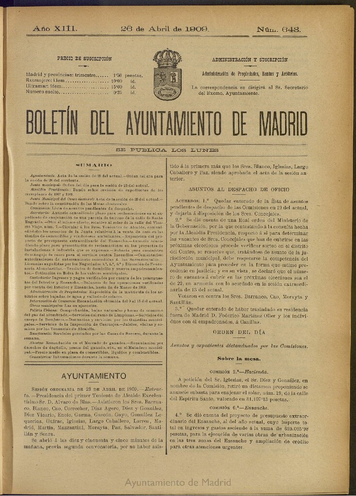 Miniatura de Boletín Oficial del Ayuntamiento de Madrid del 26 de abril de 1909, nº 643