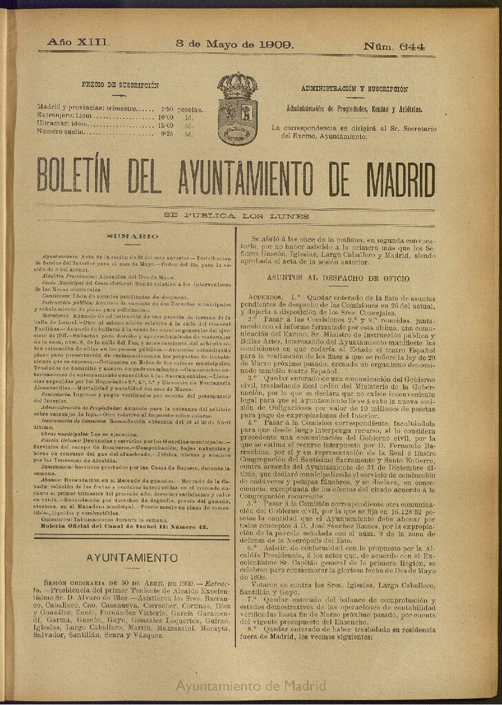 Miniatura de Boletín Oficial del Ayuntamiento de Madrid del 3 de mayo de 1909, nº 644