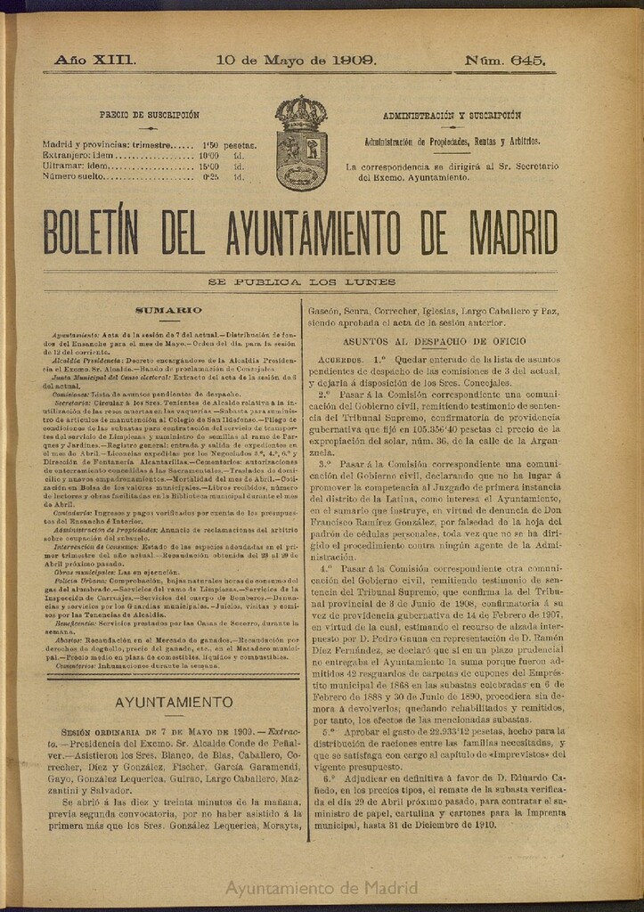 Miniatura de Boletín Oficial del Ayuntamiento de Madrid del 10 de mayo de 1909, nº 645