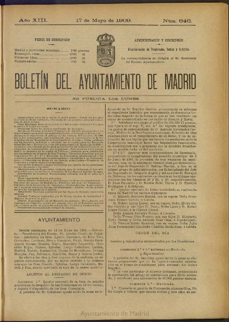 Miniatura de Boletín Oficial del Ayuntamiento de Madrid del 17 de mayo de 1909, nº 646