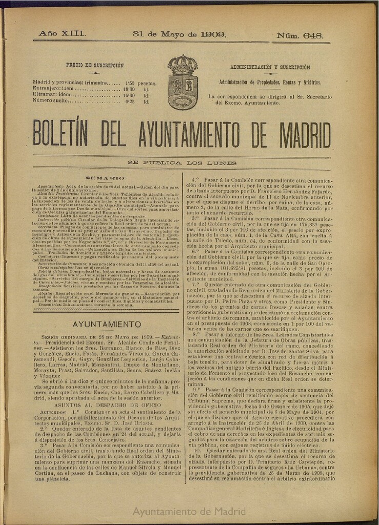 Miniatura de Boletín Oficial del Ayuntamiento de Madrid del 31 de mayo de 1909, nº 648