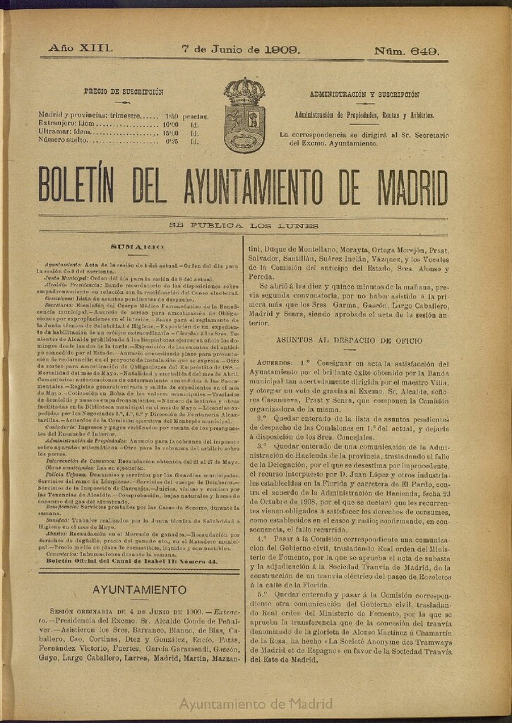 Miniatura de Boletín Oficial del Ayuntamiento de Madrid del 7 de junio de 1909, nº 649