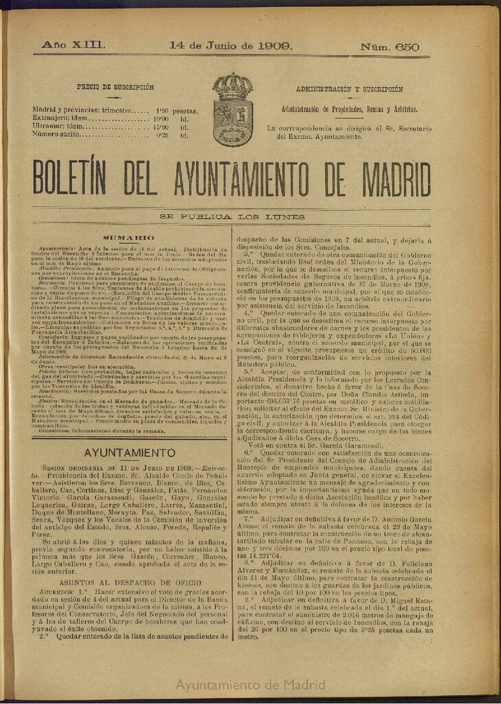 Miniatura de Boletín Oficial del Ayuntamiento de Madrid del 14 de junio de 1909, nº 650