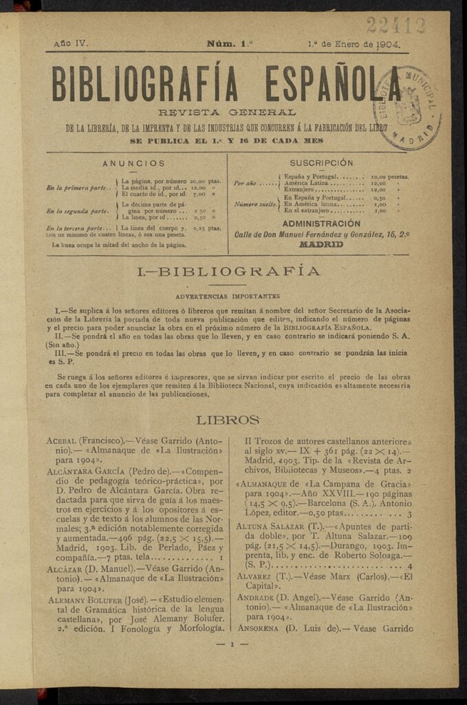 Miniatura de Bibliografía Española del 1 de enero de 1904