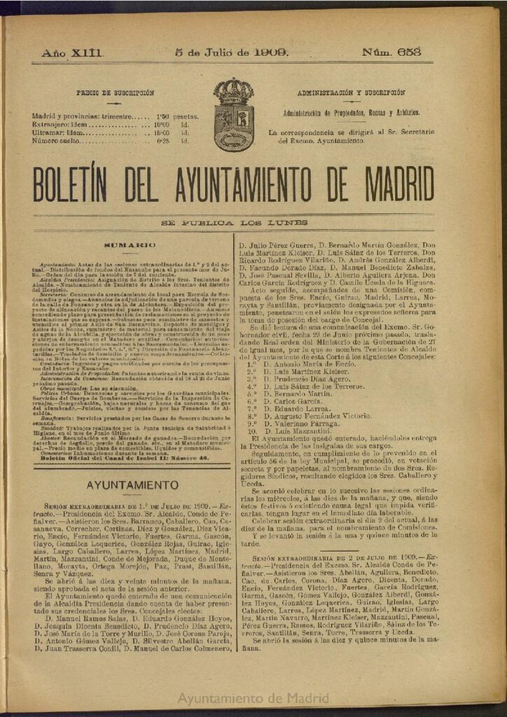Miniatura de Boletín Oficial del Ayuntamiento de Madrid del 5 de julio de 1909, nº 653