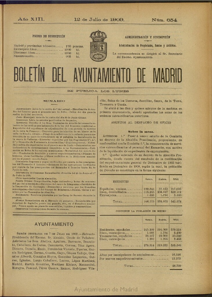 Miniatura de Boletín Oficial del Ayuntamiento de Madrid del 12 de julio de 1909, nº 654