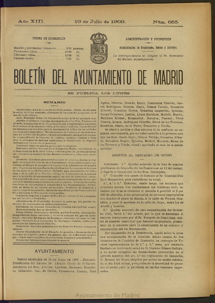 Miniatura de Boletín Oficial del Ayuntamiento de Madrid del 19 de julio de 1909, nº 655