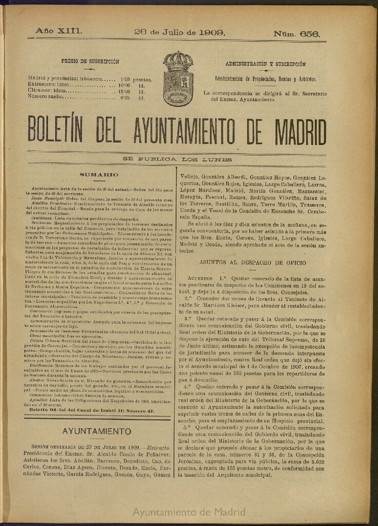 Miniatura de Boletín Oficial del Ayuntamiento de Madrid del 26 de julio de 1909, nº 656
