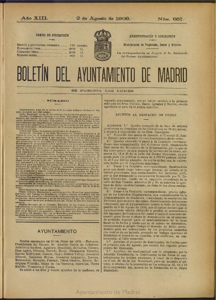 Miniatura de Boletín Oficial del Ayuntamiento de Madrid del 2 de agosto de 1909, nº 657
