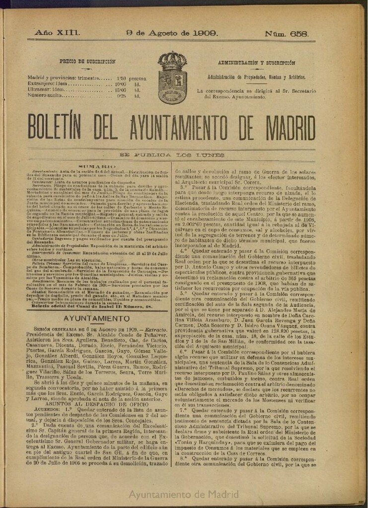 Miniatura de Boletín Oficial del Ayuntamiento de Madrid del 9 de agosto de 1909, nº 658