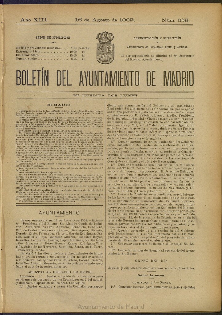 Miniatura de Boletín Oficial del Ayuntamiento de Madrid del 16 de agosto de 1909, nº 659