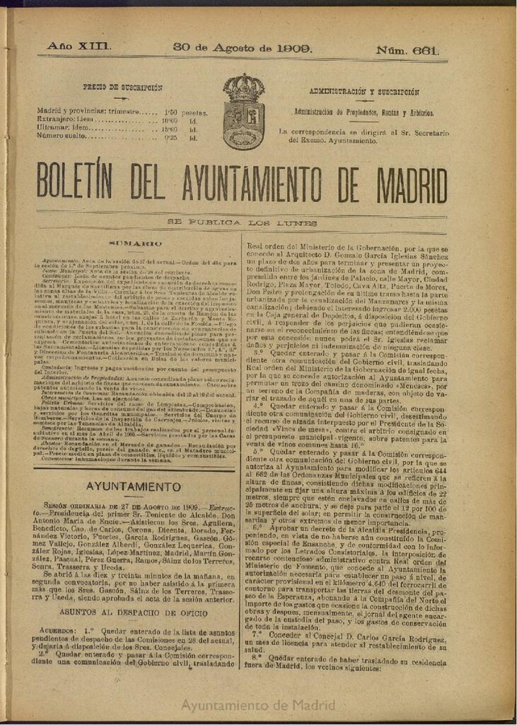 Miniatura de Boletín Oficial del Ayuntamiento de Madrid del 30 de agosto de 1909, nº 661