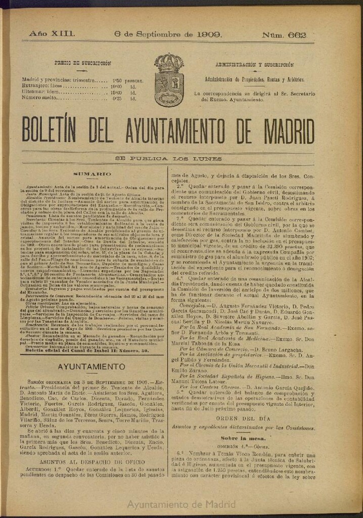 Miniatura de Boletín Oficial del Ayuntamiento de Madrid del 6 de septiembre de 1909, nº 662