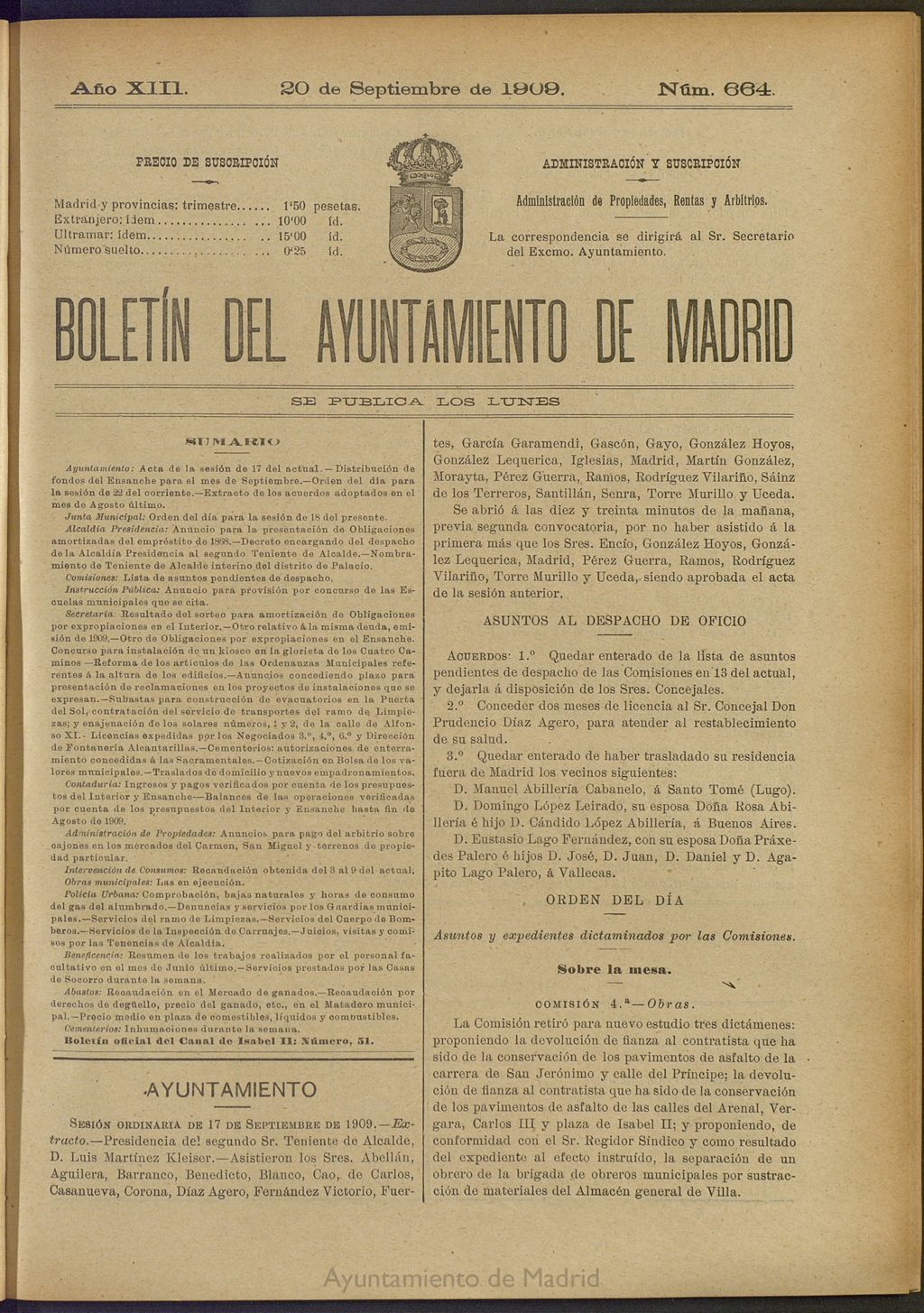 Miniatura de Boletín Oficial del Ayuntamiento de Madrid del 20 de septiembre de 1909, nº 664