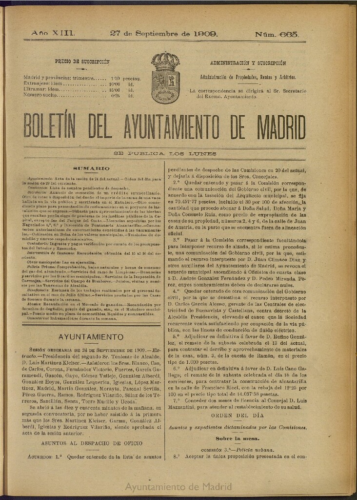 Miniatura de Boletín Oficial del Ayuntamiento de Madrid del 27 de septiembre de 1909, nº 665