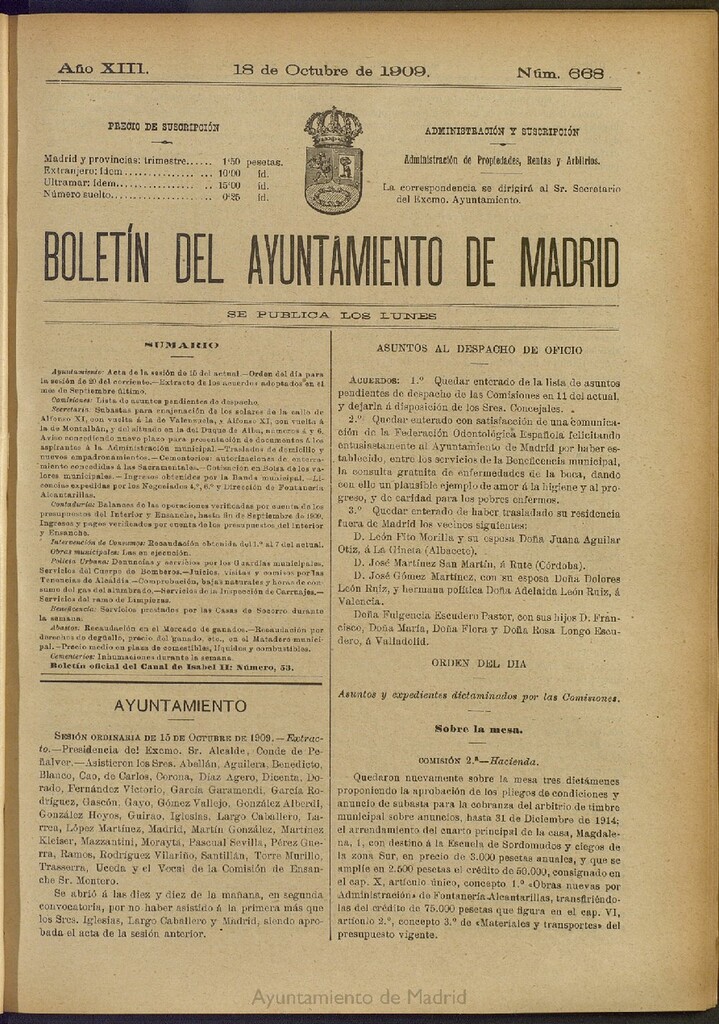 Miniatura de Boletín Oficial del Ayuntamiento de Madrid del 18 de octubre de 1909, nº 668