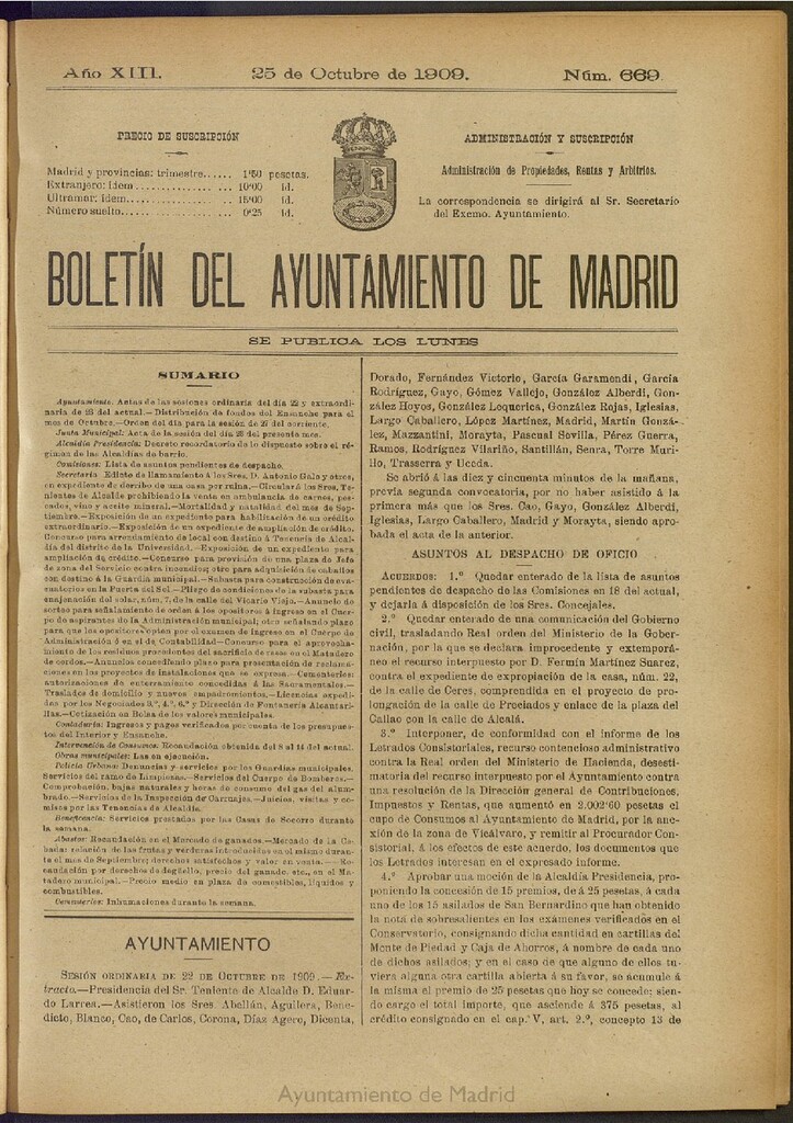 Miniatura de Boletín Oficial del Ayuntamiento de Madrid del 25 de octubre de 1909, nº 669