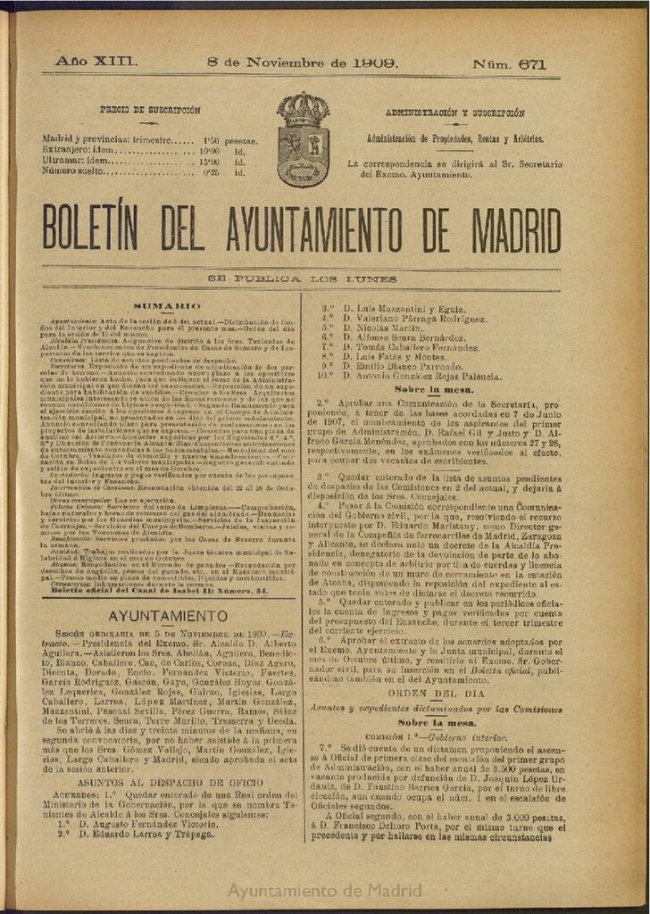 Miniatura de Boletín Oficial del Ayuntamiento de Madrid del 8 de noviembre de 1909, nº 671