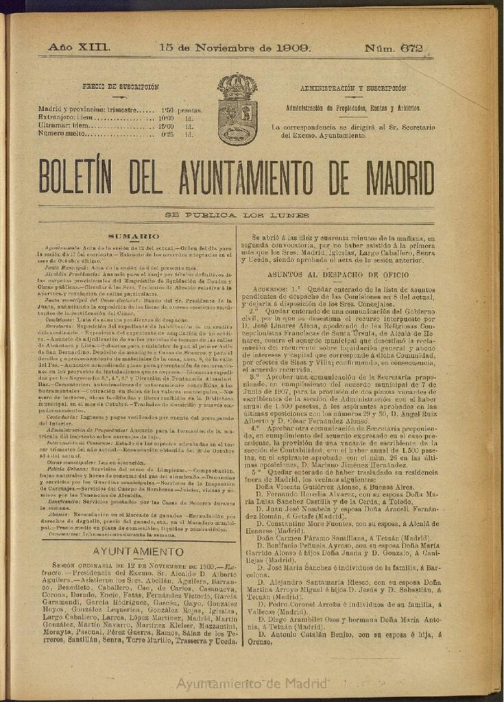 Miniatura de Boletín Oficial del Ayuntamiento de Madrid del 15 de noviembre de 1909, nº 672