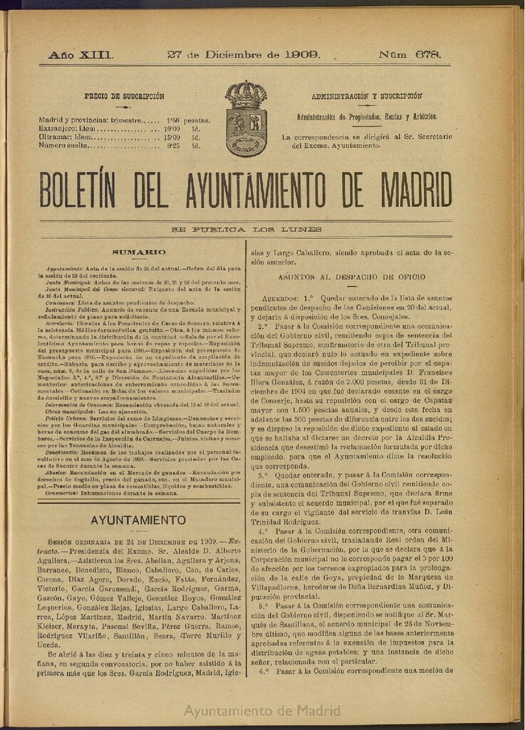 Miniatura de Boletín Oficial del Ayuntamiento de Madrid del 27 de diciembre de 1909, nº 678