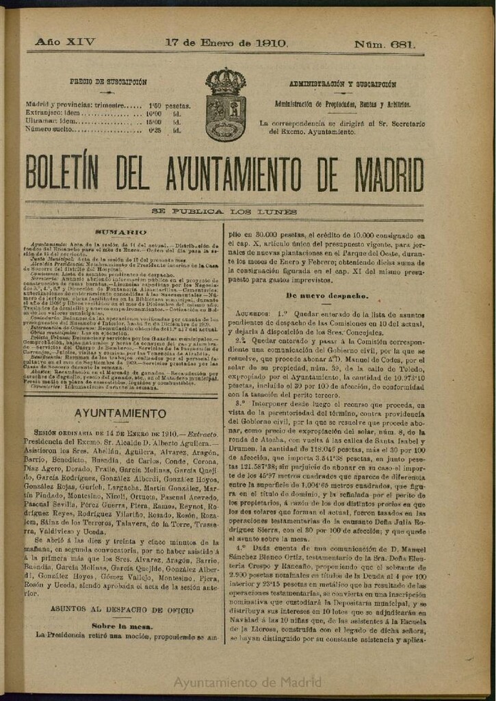 Miniatura de Boletín Oficial del Ayuntamiento de Madrid del 17 de enero de 1910, nº 681