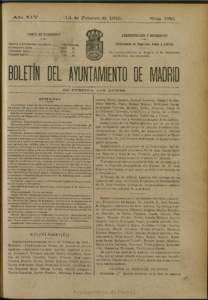 Miniatura de Boletín Oficial del Ayuntamiento de Madrid del 14 de febrero de 1910, nº 685