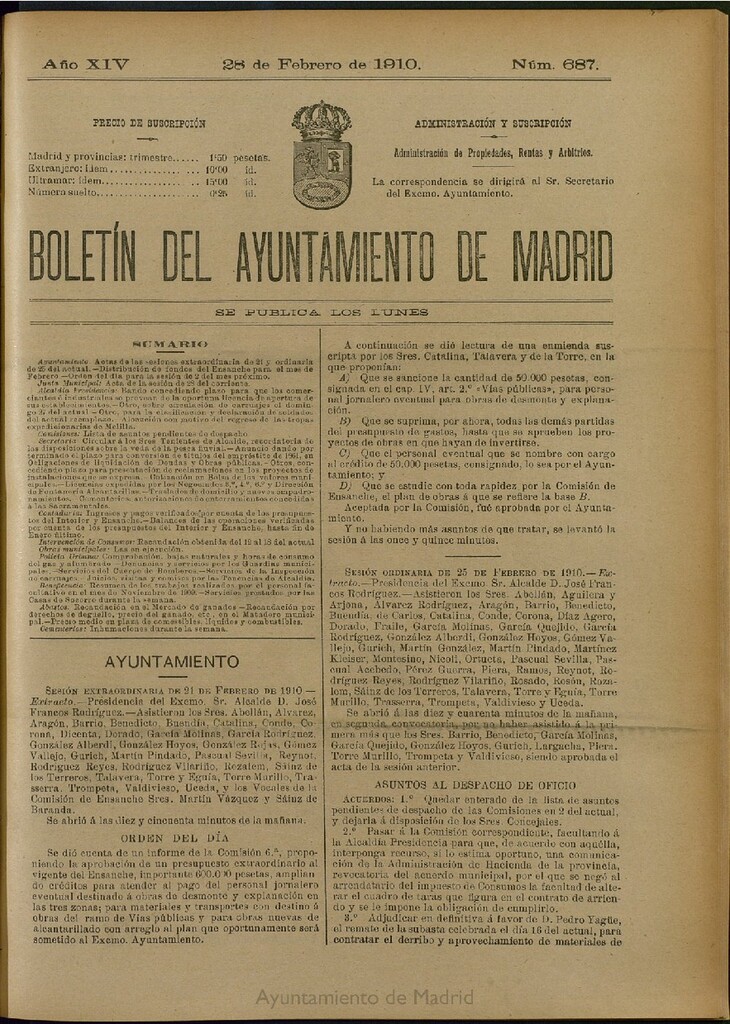 Miniatura de Boletín Oficial del Ayuntamiento de Madrid del 28 de febrero de 1910, nº 687