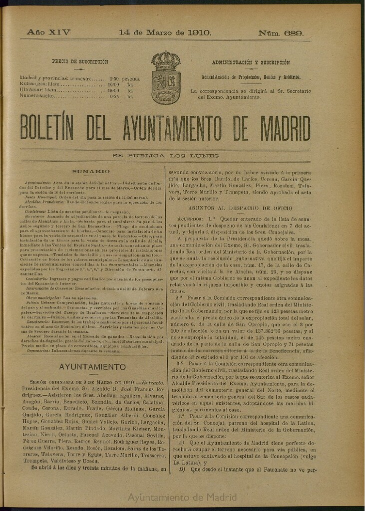 Miniatura de Boletín Oficial del Ayuntamiento de Madrid del 14 de marzo de 1910, nº 689