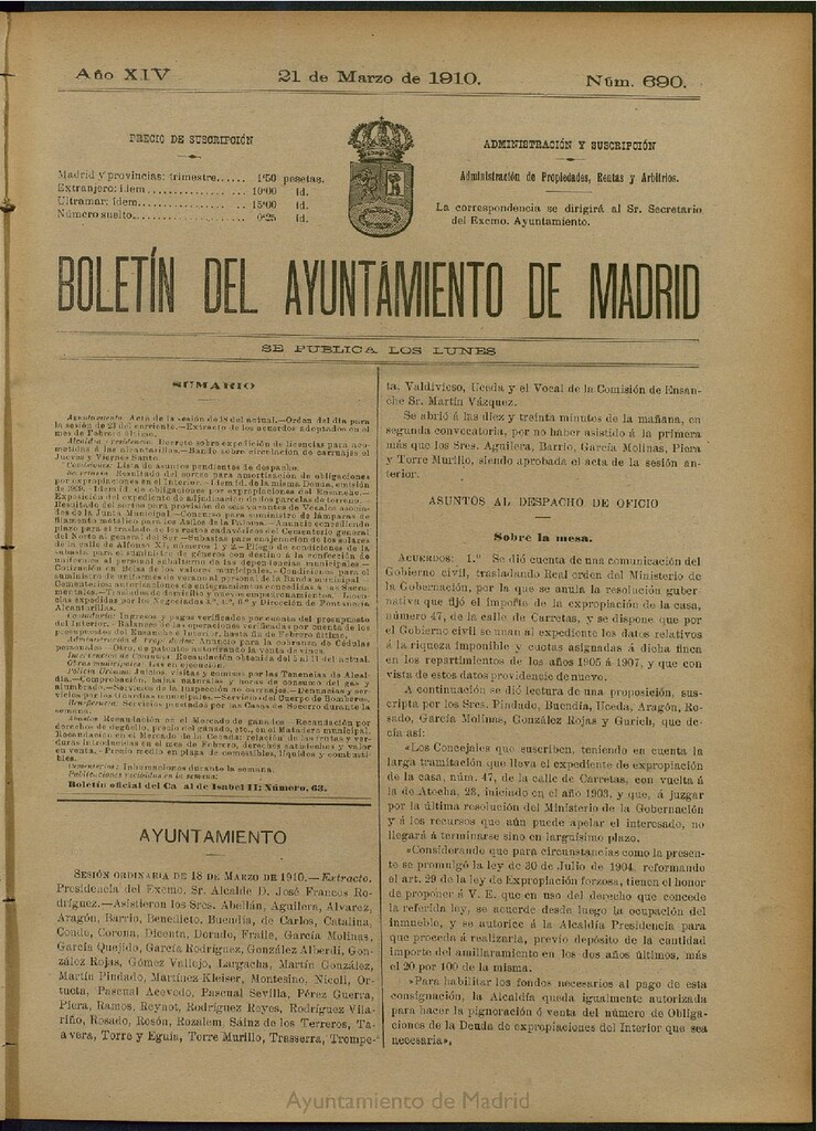 Miniatura de Boletín Oficial del Ayuntamiento de Madrid del 21 de marzo de 1910, nº 690