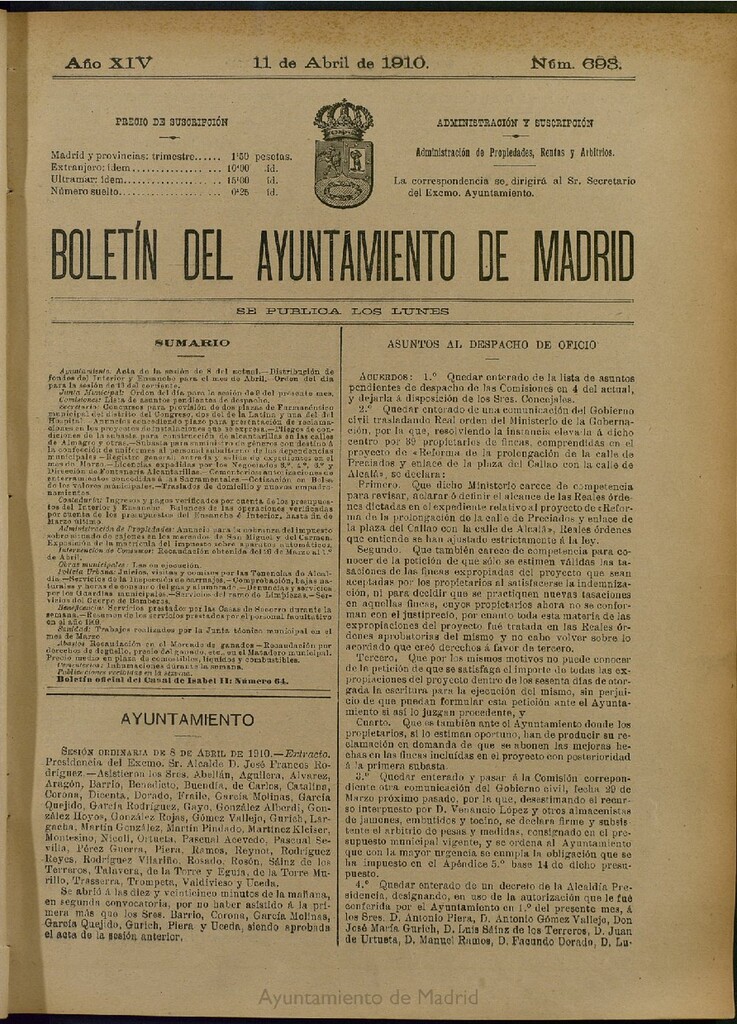 Miniatura de Boletín Oficial del Ayuntamiento de Madrid del 11 de abril de 1910, nº 693