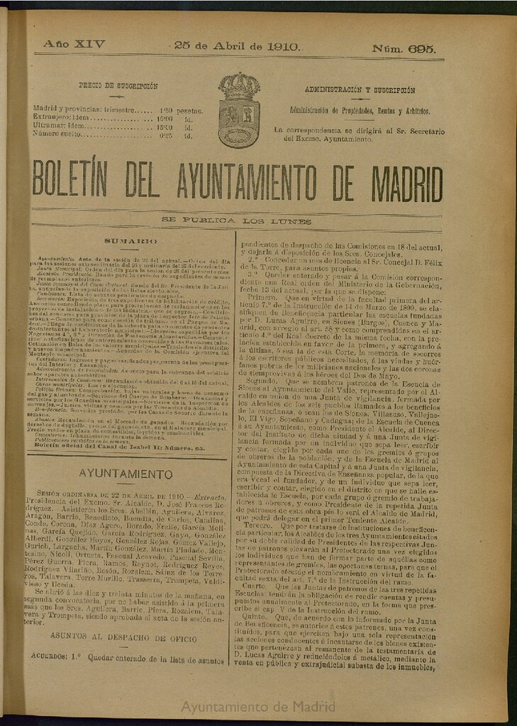 Miniatura de Boletín Oficial del Ayuntamiento de Madrid del 25 de abril de 1910, nº 695