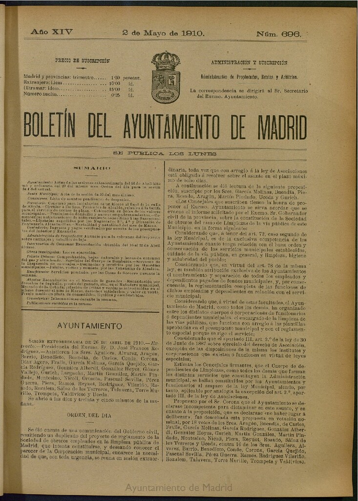 Miniatura de Boletín Oficial del Ayuntamiento de Madrid del 2 de mayo de 1910, nº 696