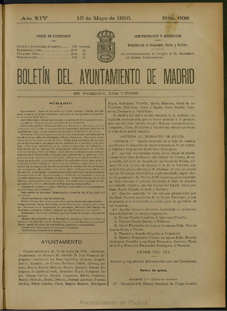 Miniatura de Boletín Oficial del Ayuntamiento de Madrid del 16 de mayo de 1910, nº 698
