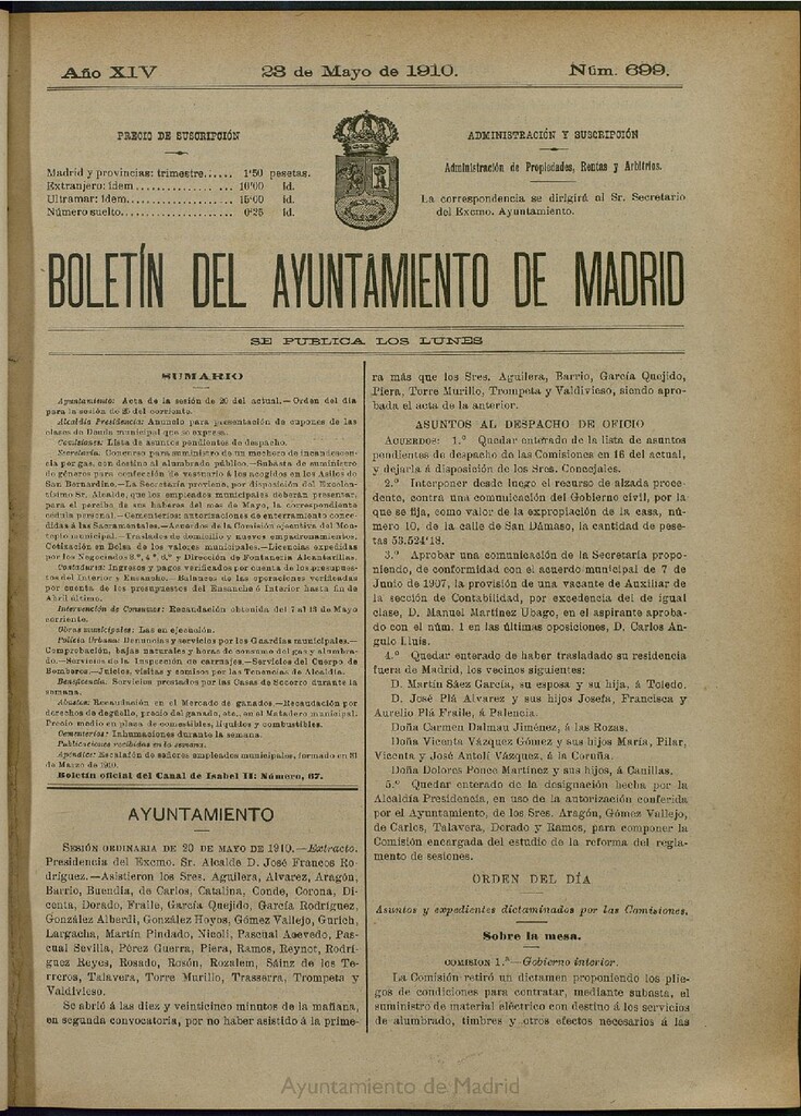 Miniatura de Boletín Oficial del Ayuntamiento de Madrid del 23 de mayo de 1910, nº 699