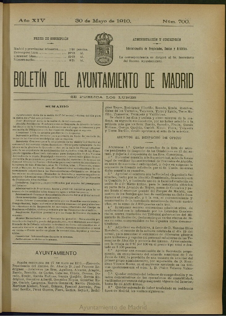 Miniatura de Boletín Oficial del Ayuntamiento de Madrid del 30 de mayo de 1910, nº 700