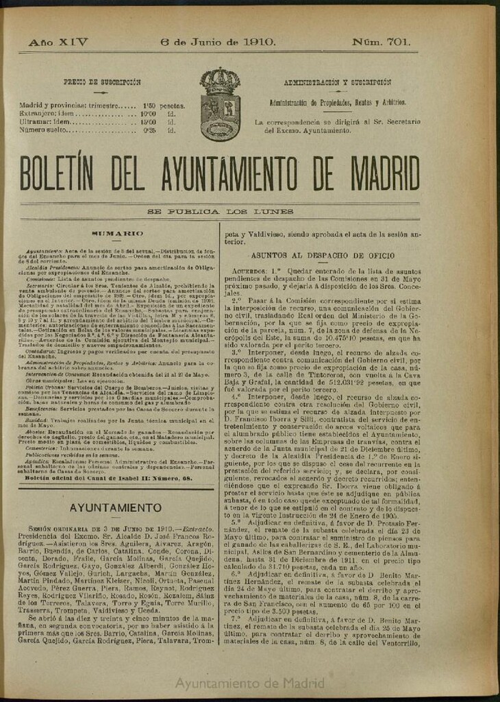 Miniatura de Boletín Oficial del Ayuntamiento de Madrid del 6 de junio de 1910, nº 701