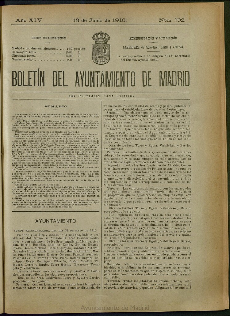 Miniatura de Boletín Oficial del Ayuntamiento de Madrid del 13 de junio de 1910, nº 702