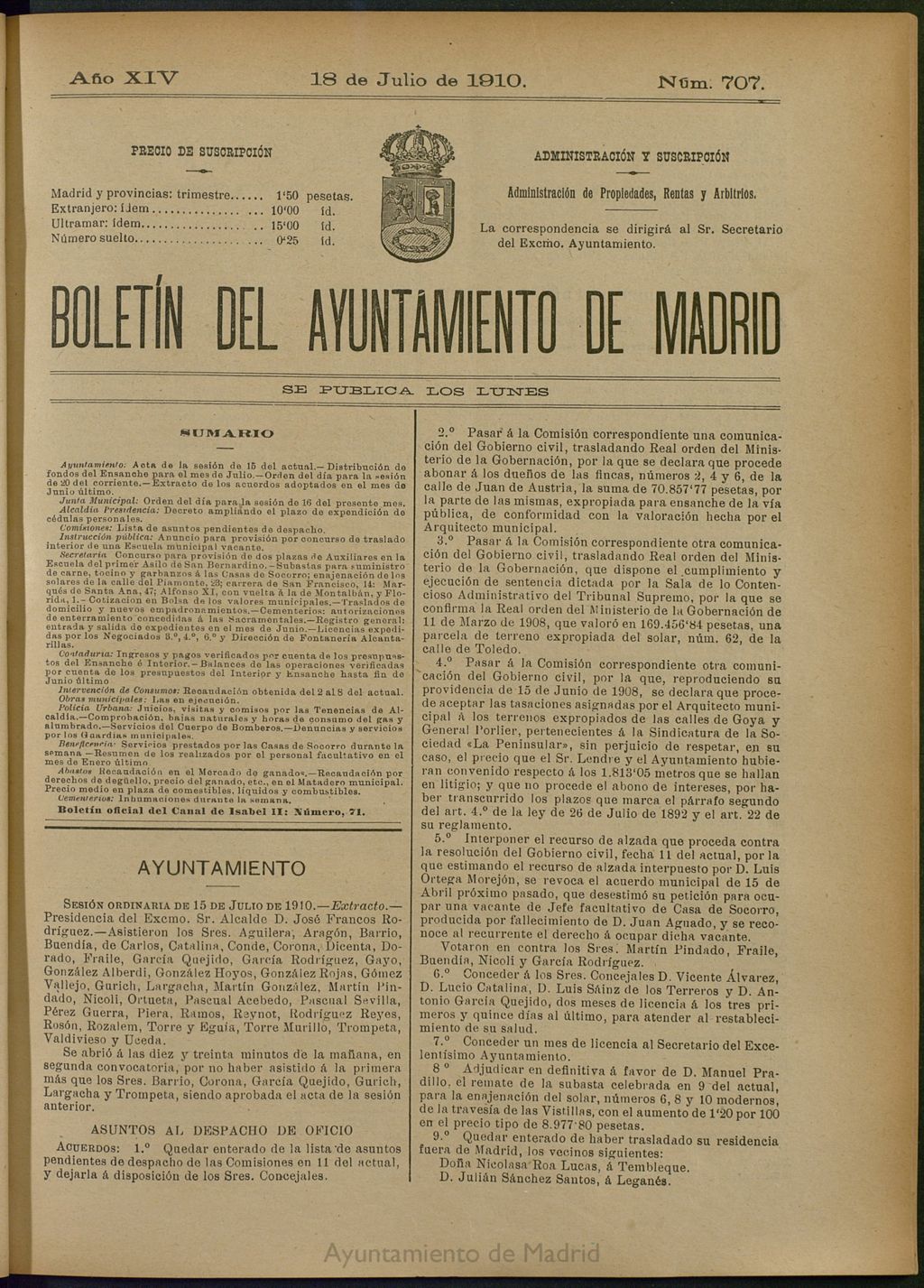 Miniatura de Boletín Oficial del Ayuntamiento de Madrid del 18 de julio de 1910, nº 707