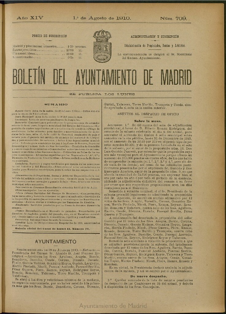 Miniatura de Boletín Oficial del Ayuntamiento de Madrid del 1 de agosto de 1910, nº 709